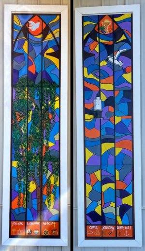 A prominent willow tree on the church property is incorporated into the design of the left panel, and the Harbor of Refuge Lighthouse is depicted in the right.