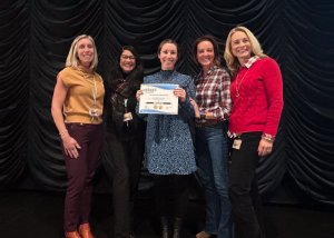 Emily Mountain receives the Cape district’s Going the Extra Mile substitute award for Frederick D. Thomas Middle School. Shown are (l-r) Meghan Catts, assistant principal; Elyse Baerga, principal; Mountain; Alison Myers, school board president; and Dr. Jenny Nauman, superintendent.