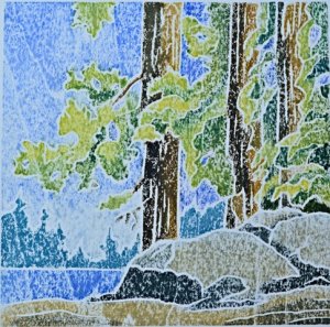 “Owl’s Head Beach,”color woodblock print by Theresa Kehrer.