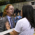 Padua head coach Lauren DiSabatino, right, congratulates Cape coach Tyler Coupe on a good match and season. DiSabatino was Coupe’s club coach during his playing days.