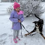 Morgan Moskowitz walks her dog Casper through falling snow in Dewey Beach.