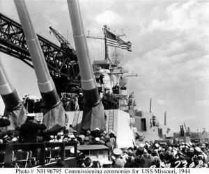 The U.S.S. Missouri is commissioned Jan. 29, 1944, and assigned to the Pacific Third Fleet. One of the 16-inch guns in the photograph will soon have a new home at Fort Miles in Lewes. SOURCE U.S. NAVY ARCHIVES
