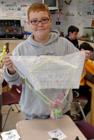Hunter Osborne is shown with his winning Eggdrop parachute design. SOURCE SUBMITTED