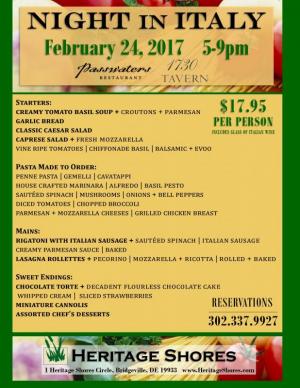 Night in Italy at Heritage Shores. $17.95 per person. Reservations 302.337.9927