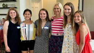 Carolyn Pesce, president of Lord Baltimore Women’s Club, congratulates recognized students. Shown are (l-r) Kaitlyn Johnson, Indian River High School HOBY winner; LBWC scholarship winners Ann Weaver and Abby Wilson of IRHS; Carolyn Pesce; and LBWC scholarship winners Olivia Olley of Indian River HS and Haley Krause of Sussex Technical High School. Not pictured are scholarship winners Brynn M. Hovatter of Sussex Tech, Novie Truitt of Sussex Central and Benjamin Spencer of Indian River, as well as Camryn Ehlers, Indian River HOBY winner. SUBMITTED PHOTO