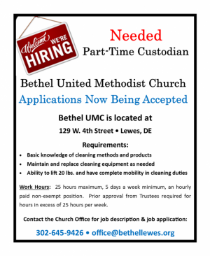 Bethel UMC Seeking Part-Time Custodian