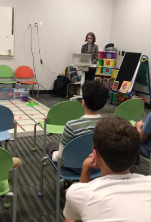 Girl Scout Eleni Apostolidis speaks about her Gold Award project, Robotics at the Lewes Library. SUBMITTED PHOTO