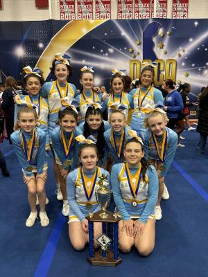 The Mariner Middle state champion cheer team celebrates victory. Gathered in back are (l-r) Gabriella Mansfield, Ariel Lloyd, Ava Spence, Addison Zimmerman and Jayda Fooks. In the middle are Arrianna Wall, Eve Barker, Myla Hanwell, Hayley Wilson and Lillian Rimmer. Captains Dani-Lynn Ney and Makaila Sellers are in front. SUBMITTED PHOTO