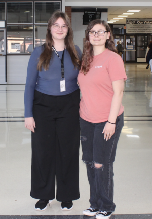 University of Delaware senior Amy Deo, left, chats with Caleigh Sparrow, a student in the Sussex Tech Digital Publishing and Graphic Design Technologies program. SUBMITTED PHOTO