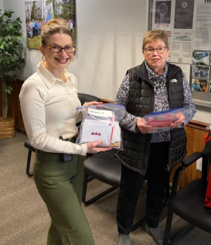 Gathered for delivery of handmade Valentine's Day cards created by Women's Club of Milton members are Alyssa Francus, left,
Kent-Sussex Industries representative, and club member Mary Kay Williams. SUBMITTED PHOTO