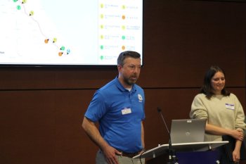 Delaware Department of Transportation employees Bryan Behrens, a group engineer, and Sarah Powell, an area engineer, explain the Minos Conaway construction project.